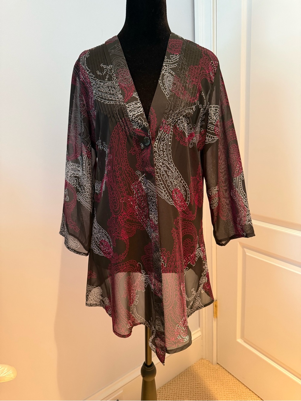 Chico's Black Sheer Blouse with Magenta and White Paisley Print